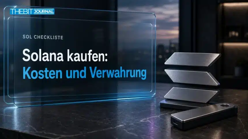 Solana kaufen: Metallskulptur des Solana-Symbols neben einer Hardware-Wallet auf einem Schreibtisch