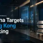 Solana stablecoin concept with a metal emblem at a Hong Kong bank counter