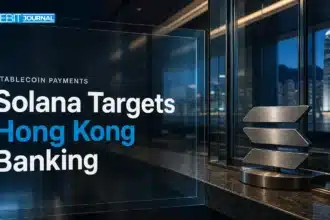Solana stablecoin concept with a metal emblem at a Hong Kong bank counter
