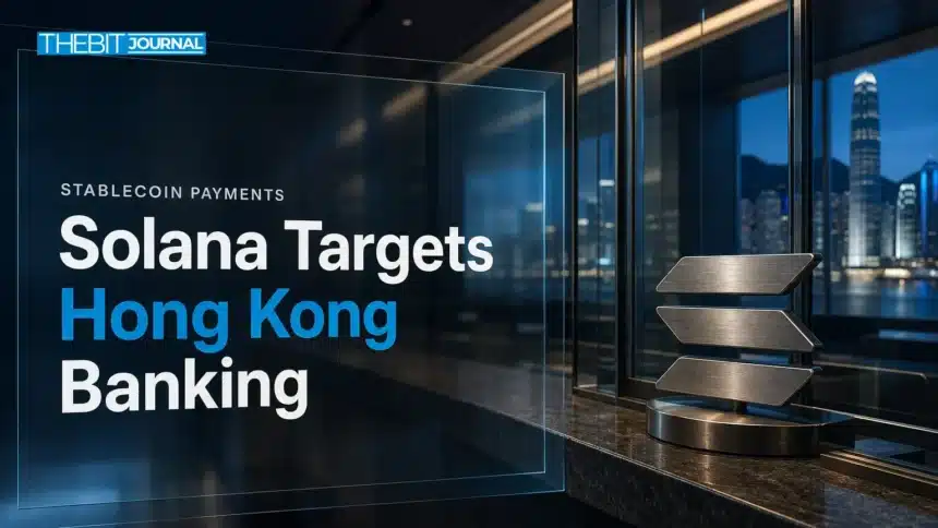 Solana stablecoin push targets Hong Kong banks with HKDAP 7 Solana stablecoin concept with a metal emblem at a Hong Kong bank counter