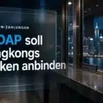 Solana Stablecoins als Bildkonzept mit Metallemblem an einem Bankschalter in Hongkong