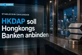 Solana Stablecoins als Bildkonzept mit Metallemblem an einem Bankschalter in Hongkong