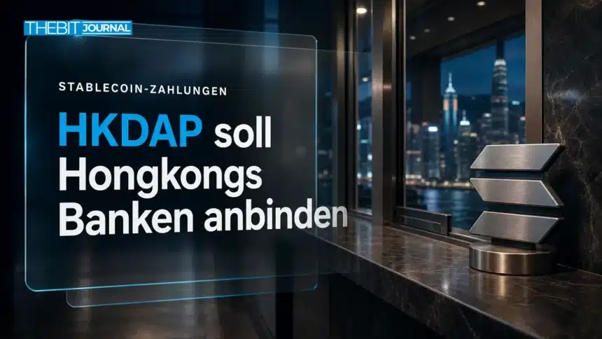 Solana Stablecoins als Bildkonzept mit Metallemblem an einem Bankschalter in Hongkong