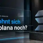 Gebürstete Metallskulptur des Solana-Symbols in einer Galerie zur Frage, lohnt sich Solana