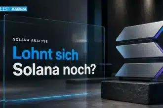 Gebürstete Metallskulptur des Solana-Symbols in einer Galerie zur Frage, lohnt sich Solana