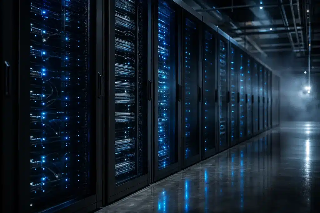 Dim data center aisle with server racks representing Solana network infrastructure