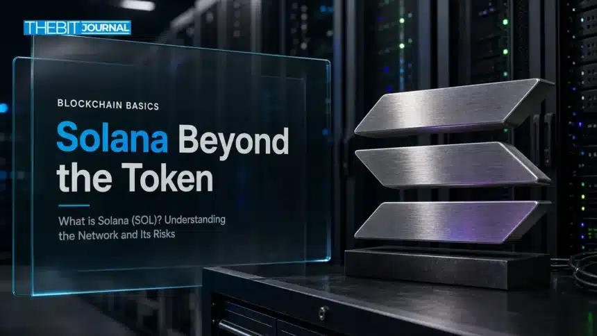 Editorial illustration of Solana infrastructure using a metal symbol beside server equipment