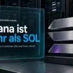 Solana Blockchain als Motiv: Metallskulptur des Solana-Symbols vor Serverschränken