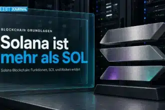 Solana Blockchain als Motiv: Metallskulptur des Solana-Symbols vor Serverschränken