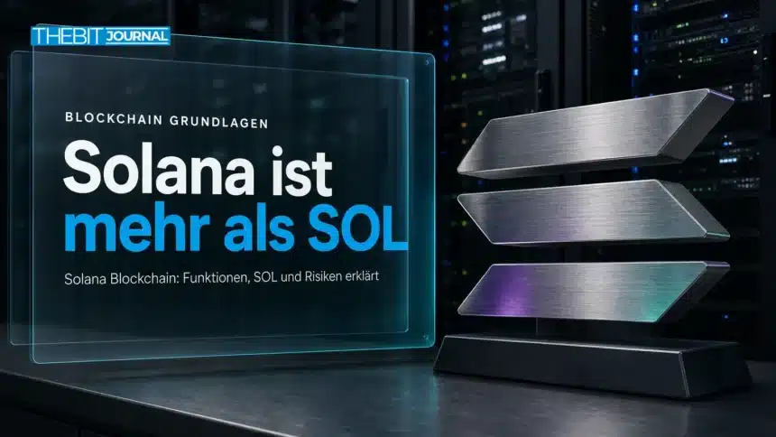 Solana Blockchain als Motiv: Metallskulptur des Solana-Symbols vor Serverschränken