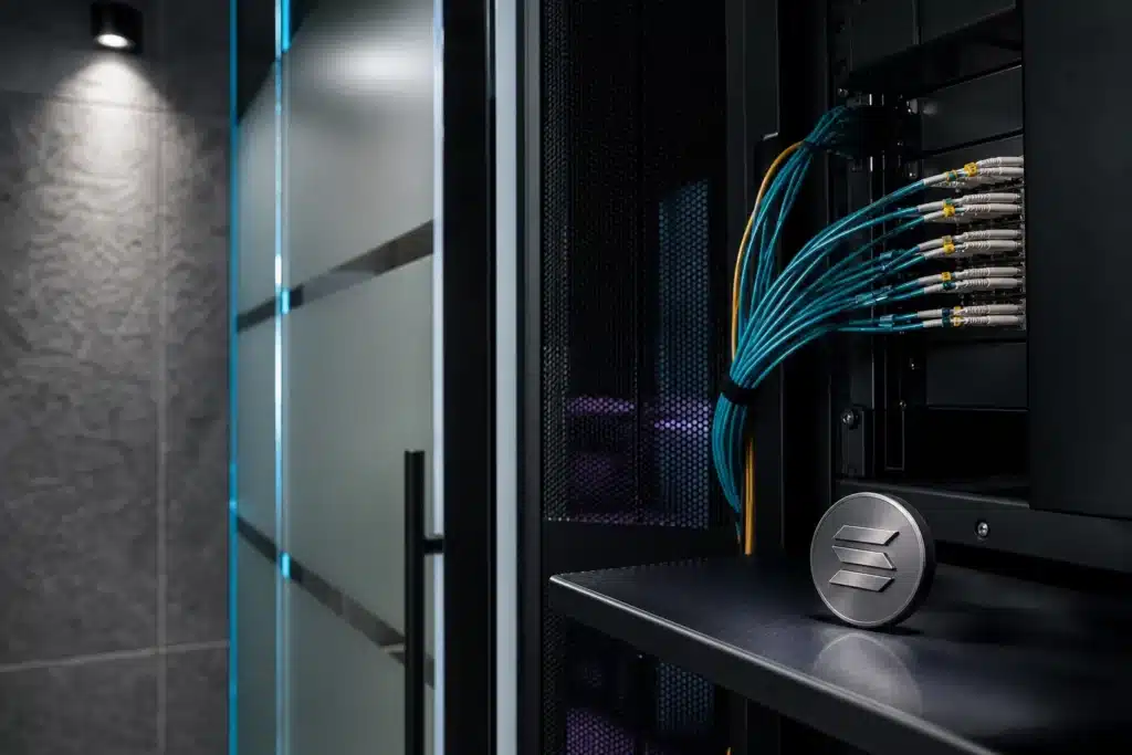 Gesicherte Netzwerktechnik und ein Solana-Metallemblem in einem Raum für Zahlungsinfrastruktur