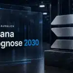 Solana-Skulptur aus gebürstetem Metall in einem Rechenzentrum als Motiv zur Solana Prognose 2030