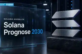 Solana-Skulptur aus gebürstetem Metall in einem Rechenzentrum als Motiv zur Solana Prognose 2030
