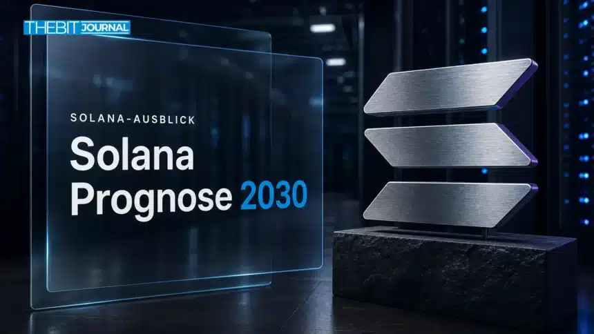 Solana-Skulptur aus gebürstetem Metall in einem Rechenzentrum als Motiv zur Solana Prognose 2030
