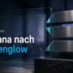 Solana-Skulptur aus gebürstetem Metall als Symbol für die Solana Prognose 2026
