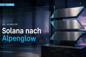 Solana-Skulptur aus gebürstetem Metall als Symbol für die Solana Prognose 2026