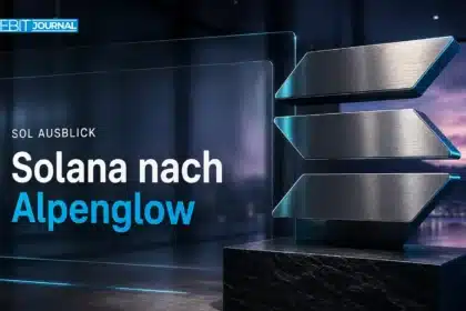 Solana-Skulptur aus gebürstetem Metall als Symbol für die Solana Prognose 2026