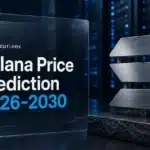 Brushed-metal Solana logo sculpture in a data center illustrating Solana price prediction 2026-2030