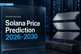 Brushed-metal Solana logo sculpture in a data center illustrating Solana price prediction 2026-2030