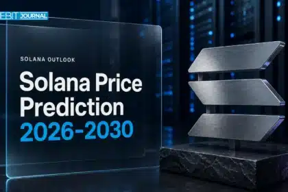 Brushed-metal Solana logo sculpture in a data center illustrating Solana price prediction 2026-2030