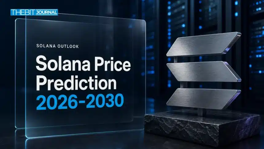 Solana Price Prediction 2026-2030: SOL Scenarios, Drivers and Risks 7 Brushed-metal Solana logo sculpture in a data center illustrating Solana price prediction 2026-2030