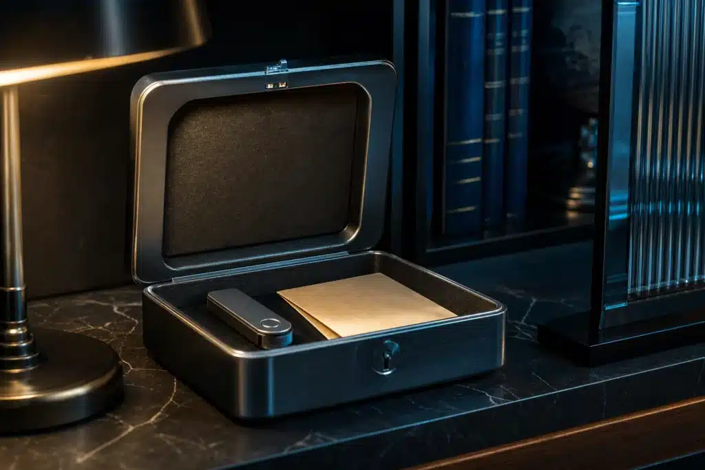 Illustrative hardware wallet and sealed envelope inside a small steel lockbox