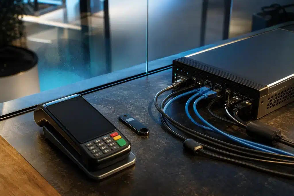 Payment terminal and network hardware on a fintech integration workbench