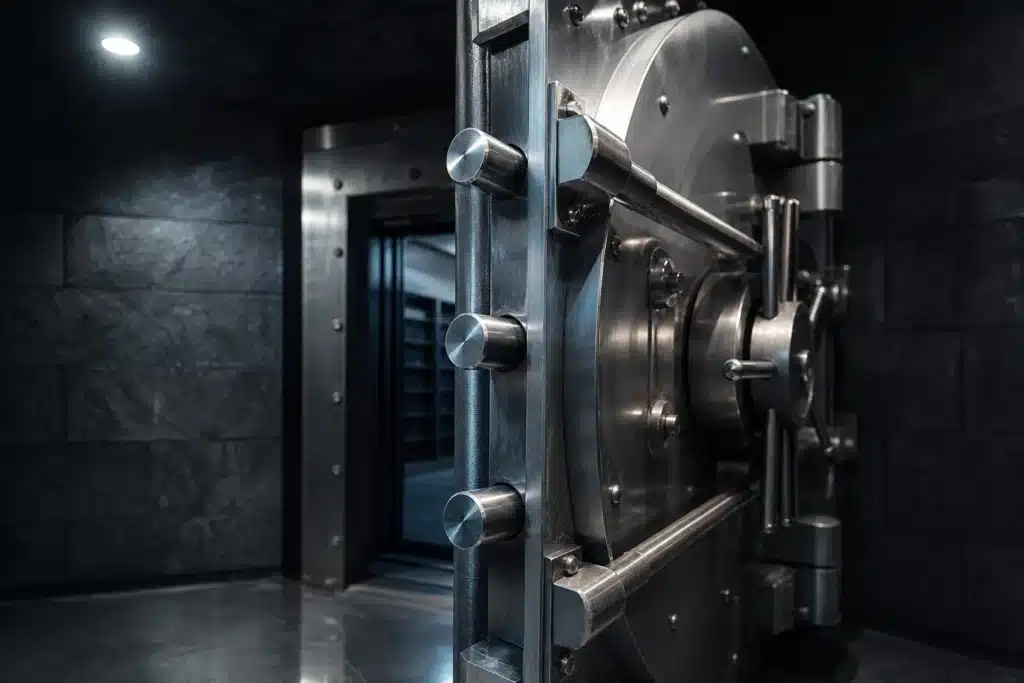 Cardano Price Prediction 2026: ADA Scenarios, Key Levels and Risks 9 Heavy steel vault door slightly open under a single spotlight