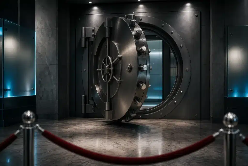 TRON Price Prediction 2026-2030: TRX Scenarios, Key Levels and Risks 9 Partly open steel bank vault door in a marble basement, representing risk and custody in crypto markets