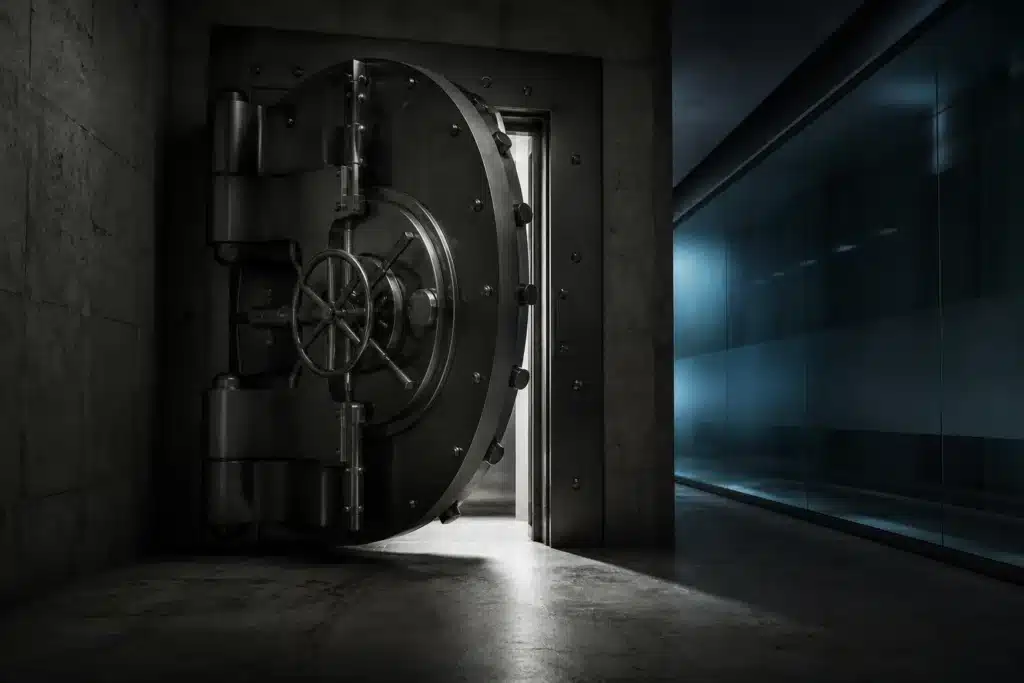 Heavy steel vault door slightly open in a dim corridor representing XRP escrow and investment risk