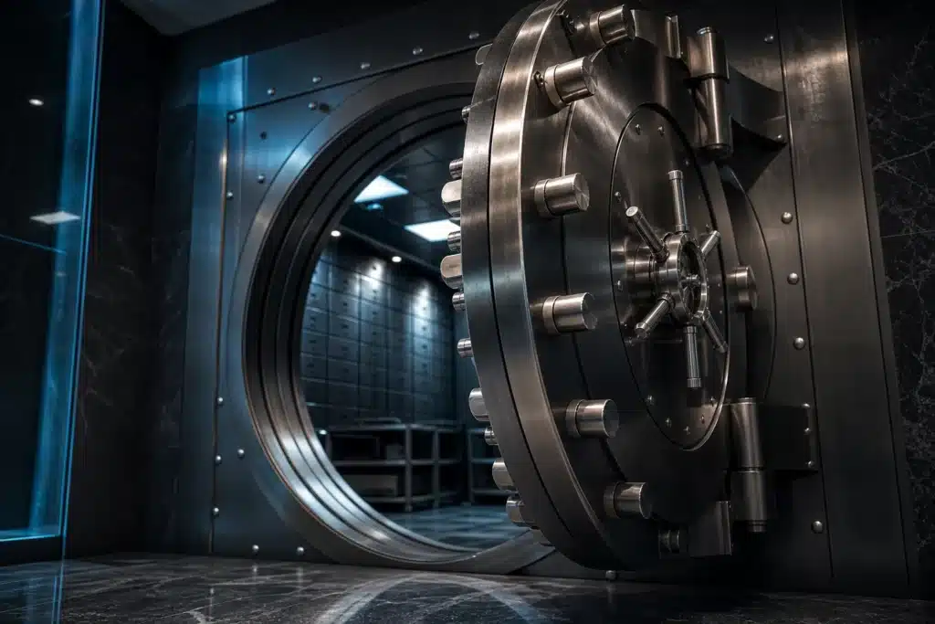 Dogecoin Prognose 2026: Szenarien, wichtige Marken und Risiken für DOGE 9 Schwere, leicht geöffnete Tresortür aus Stahl unter kaltem Industrielicht