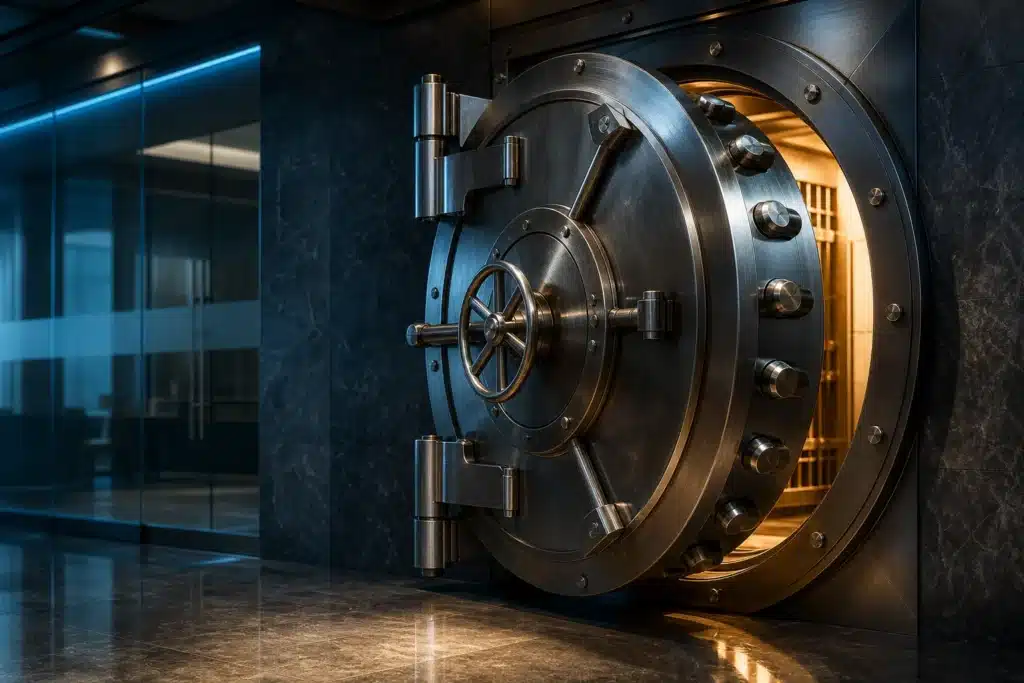 Litecoin Price Prediction 2026: LTC Scenarios, Key Levels and Risks 9 Partially open steel vault door representing security and risk factors for Litecoin