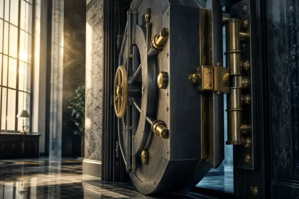 BNB Price Prediction 2026-2030: Scenarios, Analyst Targets and Risks 9 Partly open steel vault door symbolising custody and risk for BNB holders