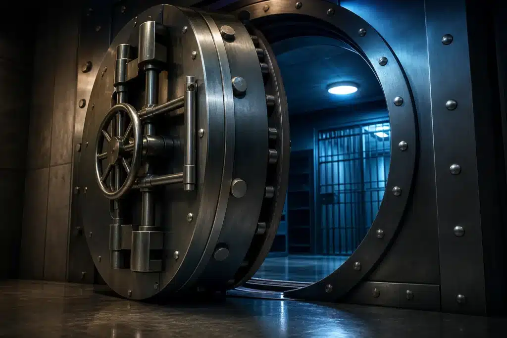 MicroStrategy Q3 Earnings: Record $21B Profit, but Bitcoin Per Share Falls 8 Partly open steel vault door in a dim bank vault, symbolising Strategy's bitcoin treasury