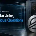 Binance hack coverage illustrated by a metal Stellar emblem beside a closed security cabinet