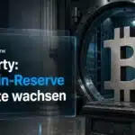 Stahlskulptur eines Bitcoin-Symbols in einem Tresorraum als Sinnbild für die strategische Bitcoin-Reserve der USA