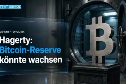 Stahlskulptur eines Bitcoin-Symbols in einem Tresorraum als Sinnbild für die strategische Bitcoin-Reserve der USA