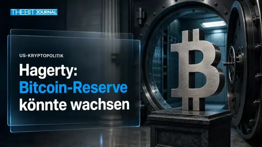 Strategische Bitcoin-Reserve könnte „sehr bald“ wachsen, sagt Hagerty 7 Stahlskulptur eines Bitcoin-Symbols in einem Tresorraum als Sinnbild für die strategische Bitcoin-Reserve der USA