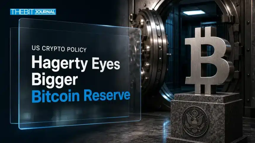 Strategic Bitcoin Reserve Could Grow 'Very Soon,' Says Sen. Hagerty 7 Steel bitcoin sculpture in a vault illustrating the US Strategic Bitcoin Reserve expansion debate