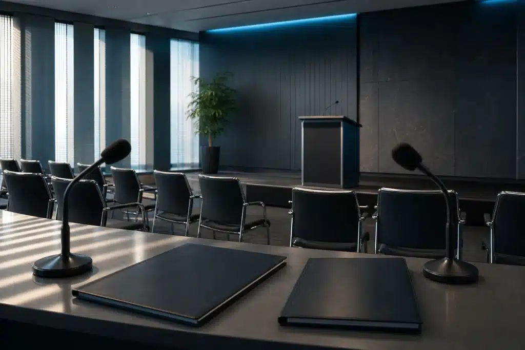 MSTR earnings Q&A Puts Digital Credit and Tokenization in Focus 8 Empty analyst briefing room with microphones and closed document folders