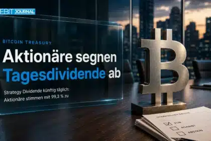 Gebürstete Bitcoin-Skulptur auf einem Konferenztisch nach der Abstimmung zur Strategy Dividende