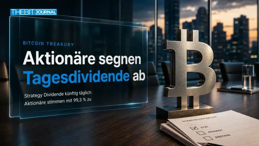 Gebürstete Bitcoin-Skulptur auf einem Konferenztisch nach der Abstimmung zur Strategy Dividende