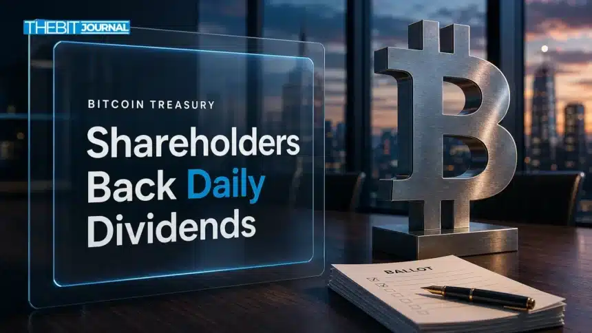 Strategy Daily Dividends Approved With 99.3% of Votes Cast 7 Brushed-metal Bitcoin sculpture on a boardroom table after the Strategy daily dividends shareholder vote