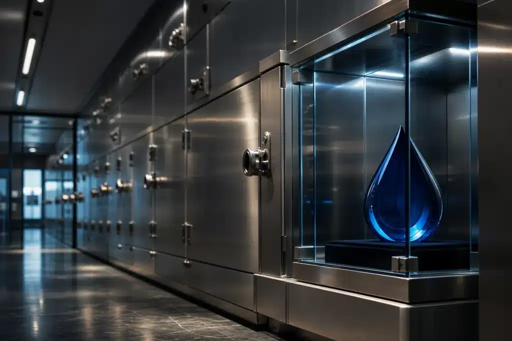 Sui investment in 2026: What the Market Data Shows 9 Closed steel compartments and an enclosed blue glass drop, a conceptual illustration rather than a documented Sui facility