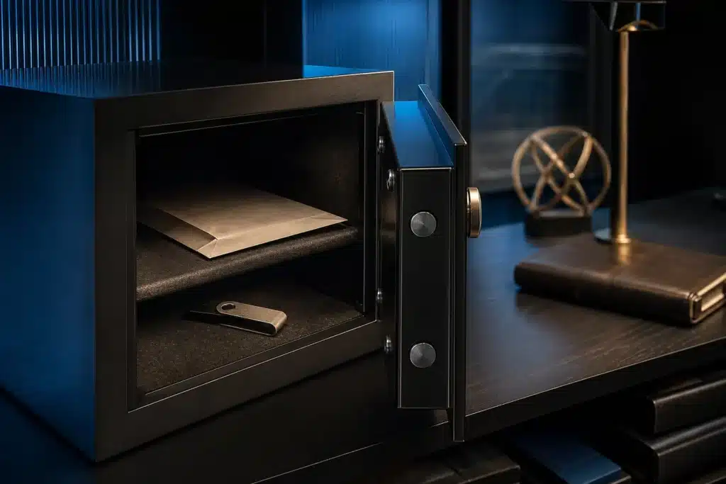 Conceptual custody illustration showing a document safe, envelope and generic electronic device
