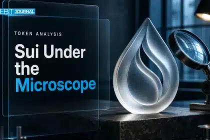 Sui investment analysis represented by a frosted-glass drop sculpture under an inspection lens