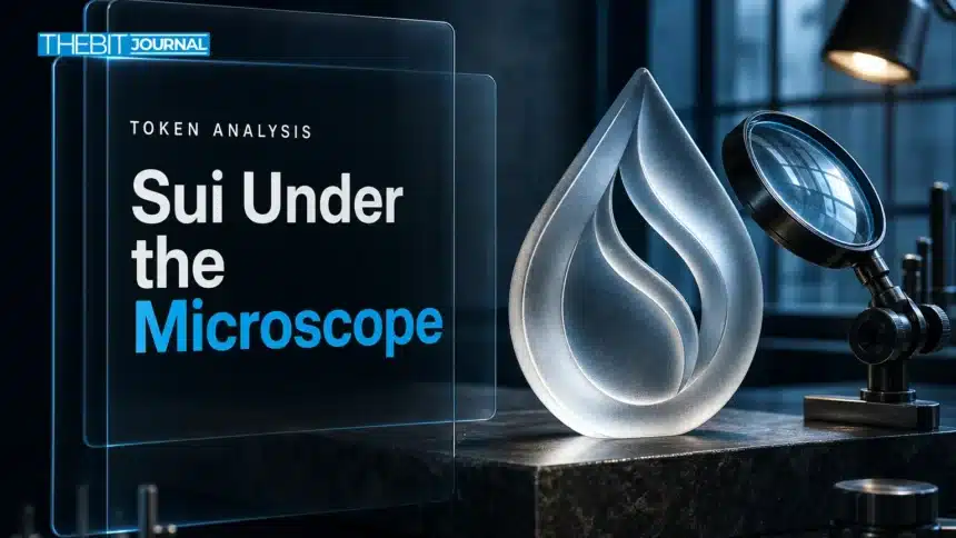Sui investment in 2026: What the Market Data Shows 7 Sui investment analysis represented by a frosted-glass drop sculpture under an inspection lens