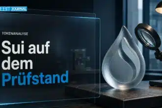 Sui kaufen im Faktencheck: Eine blaue Glastropfen-Skulptur unter einer Prüflinse