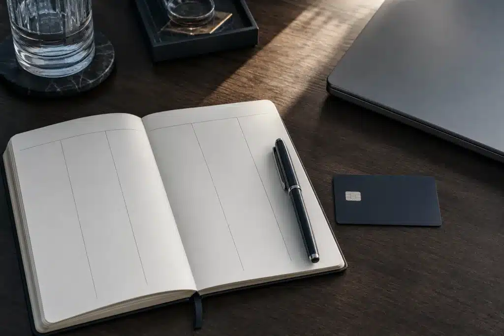 Illustrative notebook, payment card and closed laptop on a desk
