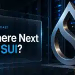 Brushed-metal Sui logo sculpture in a server aisle illustrating Sui price prediction 2026